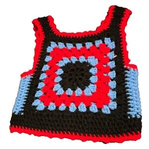 Vintage Handmade Crochet Vest Granny Square Top Boho Festival Red Black Blue